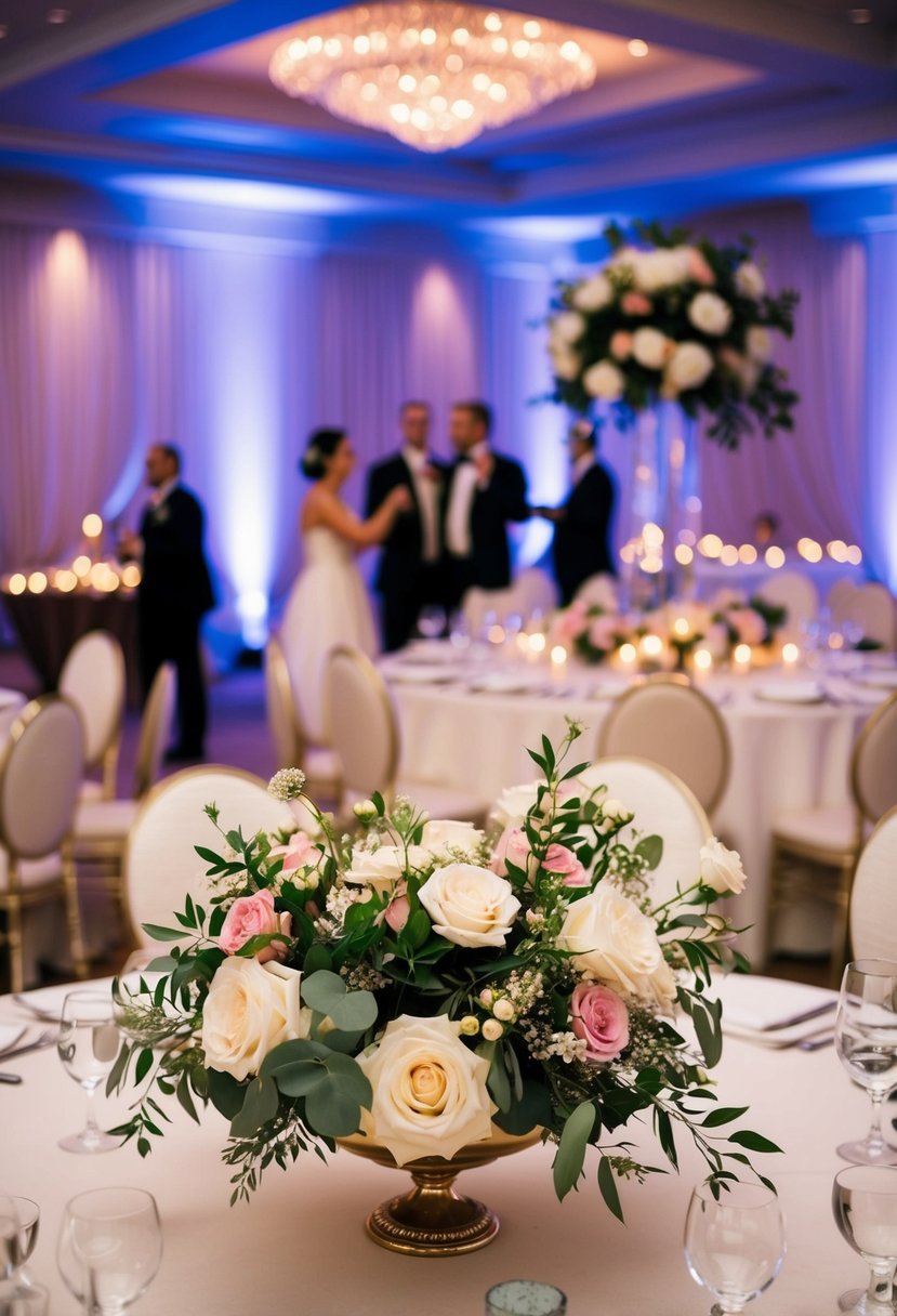 A festive wedding reception with elegant decor, floral centerpieces, and a lively dance floor