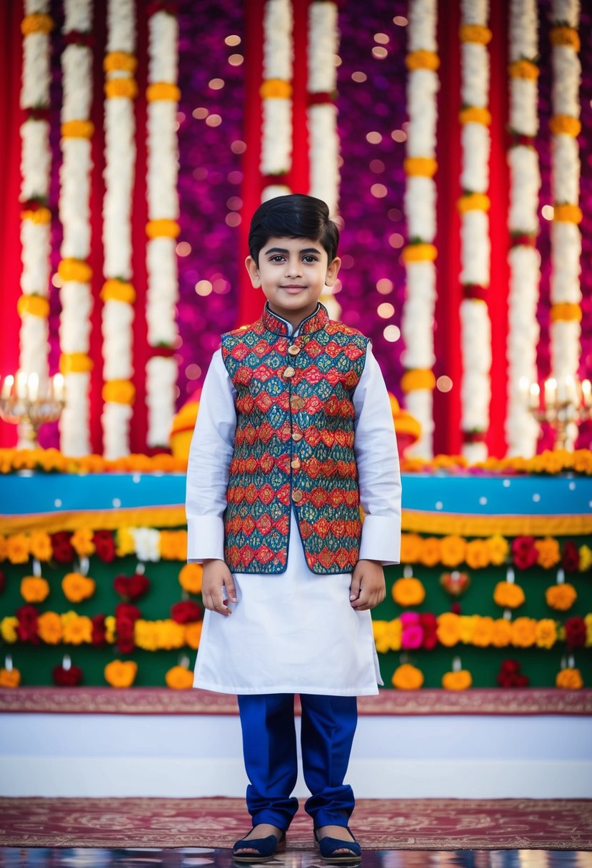 A young boy wearing a traditional kurta with a colorful waistcoat, adorned with intricate patterns and embroidery, standing in front of a vibrant backdrop of Indian wedding decorations