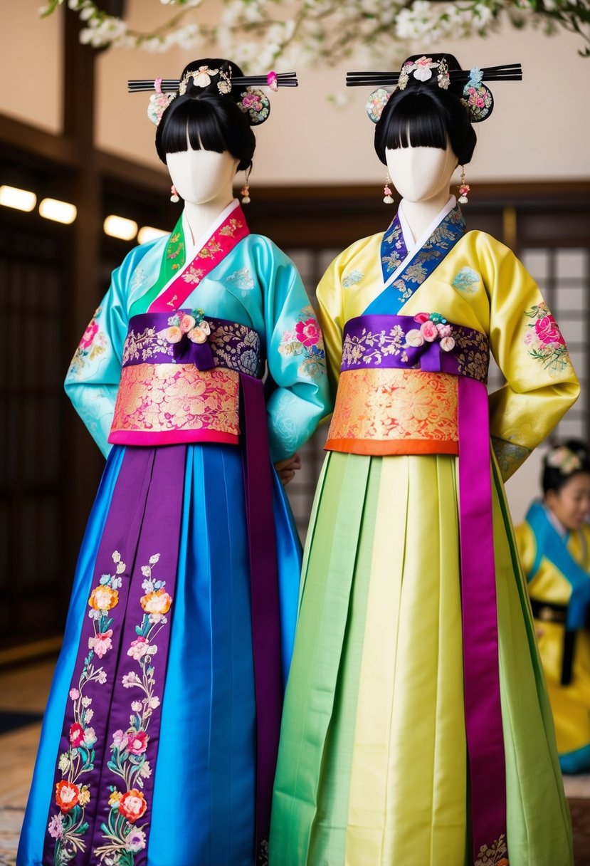 Two layered silk Hanbok dresses in vibrant colors, adorned with intricate embroidery and delicate floral patterns, displayed on traditional Korean wedding accessories