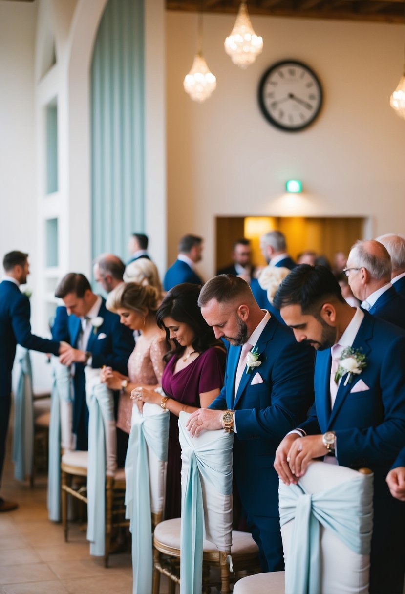 Guests arriving at a wedding venue, checking their watches and glancing at a clock, ensuring they are punctual but not excessively early