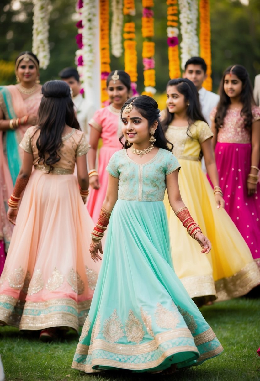 A group of young girls twirl in flowing pastel Anarkali dresses at an Indian wedding, surrounded by vibrant flowers and intricate henna designs