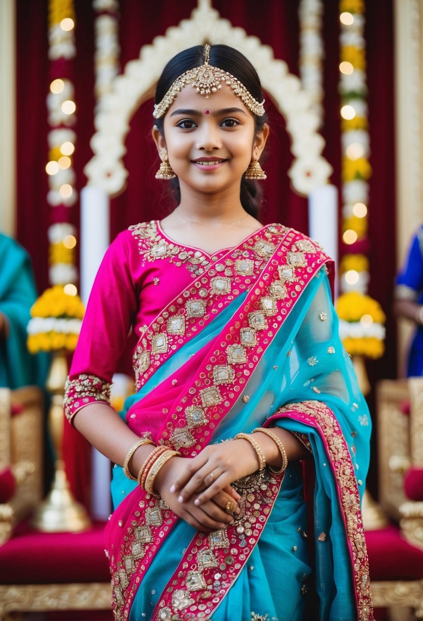 A young girl in a vibrant, embellished saree, adorned with intricate patterns and shimmering details, standing in front of a traditional Indian wedding backdrop