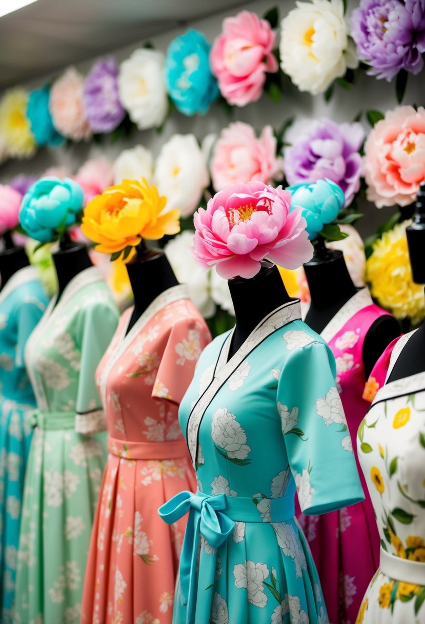 A colorful array of peony patterned Korean wedding dresses displayed on mannequins