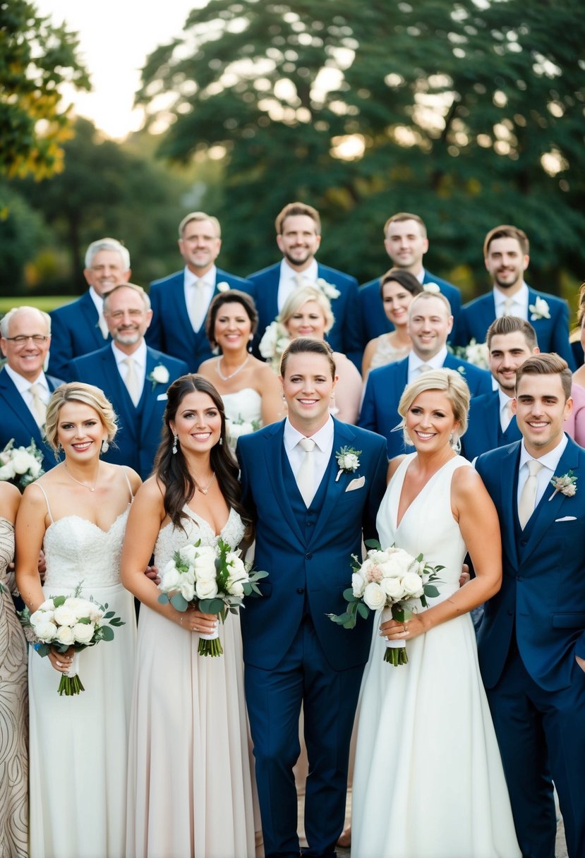 A group of elegantly dressed guests at a wedding, adhering to the dress code with formal attire