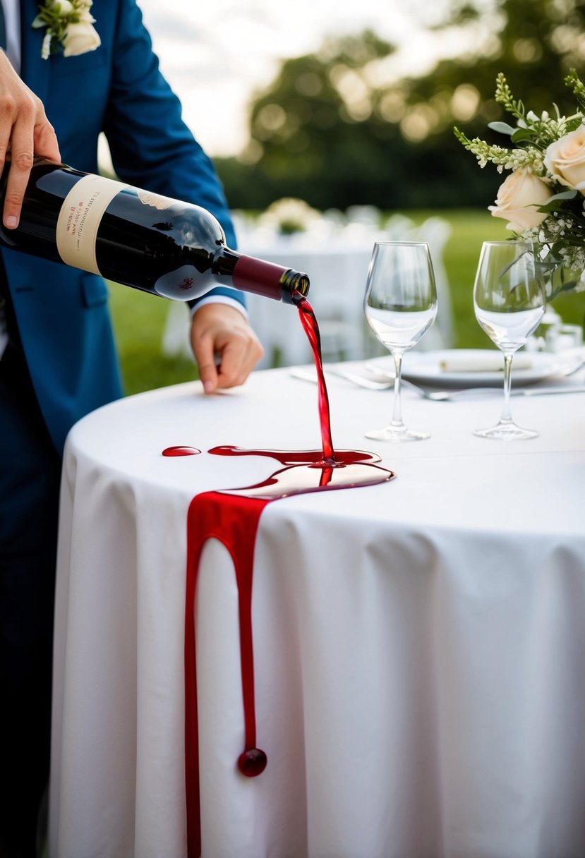 A wedding guest spills red wine on a white tablecloth