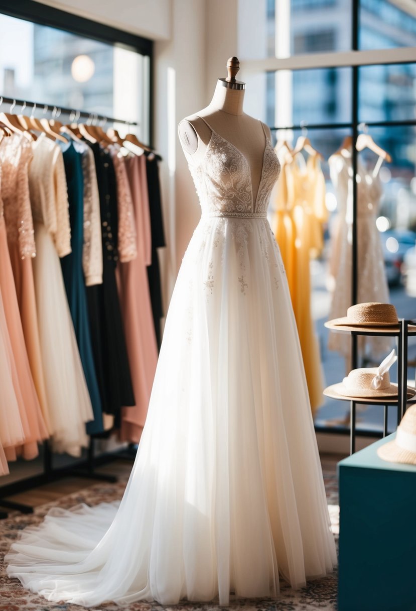 A bohemian Korean bridal gown displayed on a mannequin in a sunlit boutique