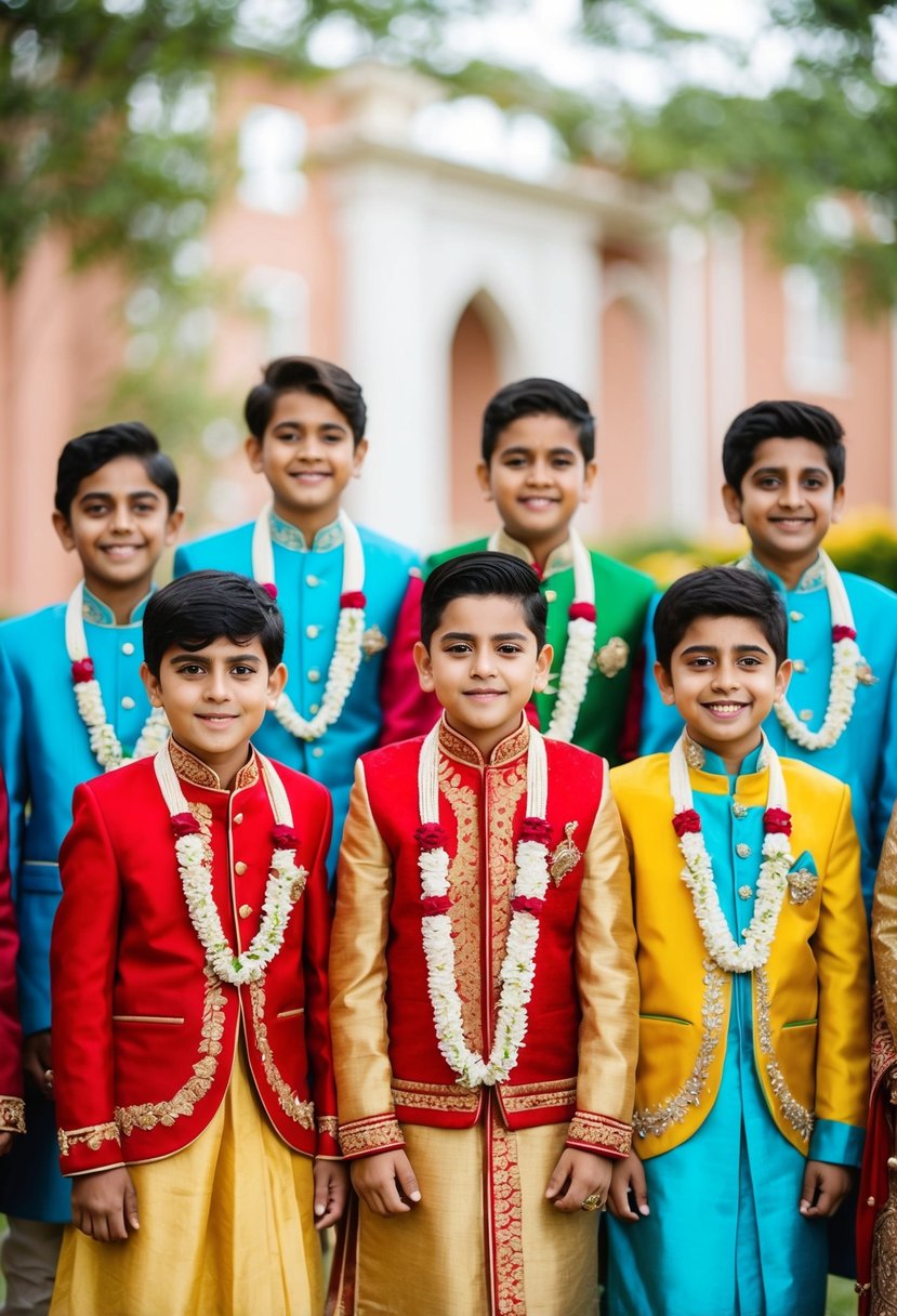 A group of boys wearing colorful bandhgala jackets and sherwani dresses for an Indian wedding