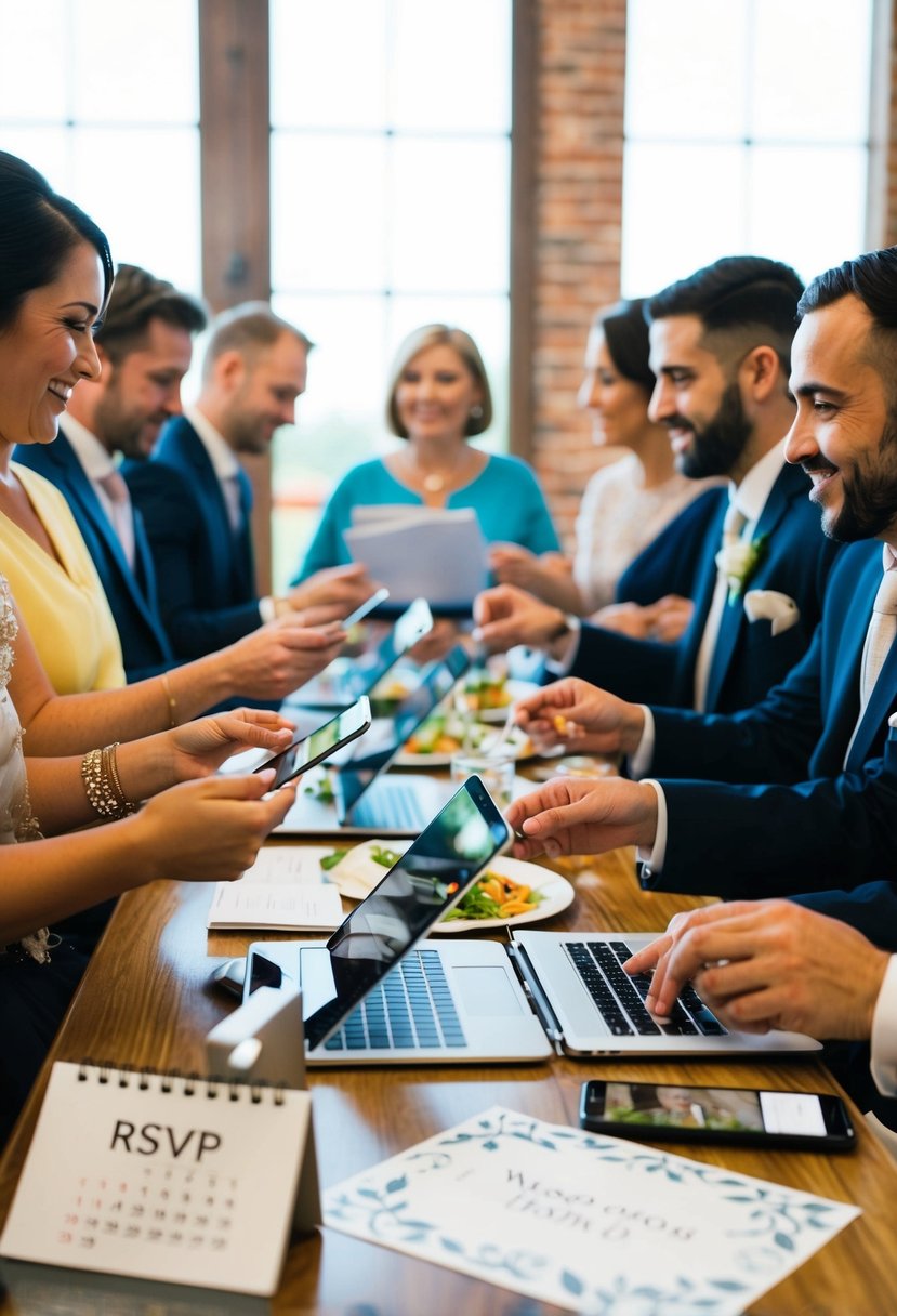 Guests eagerly RSVP online, selecting meal choices. Decorative wedding invitations and a calendar with the wedding date are visible nearby