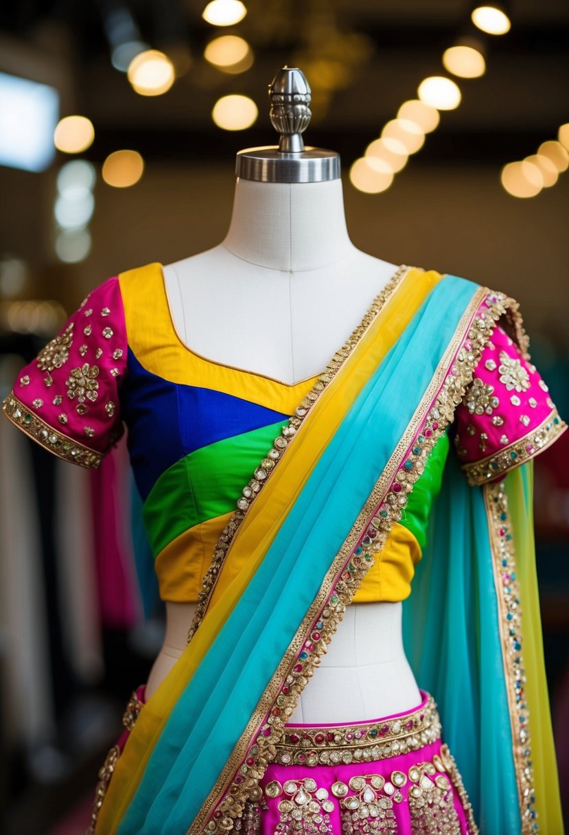 A colorful lehenga choli with ruffled sleeves on a mannequin