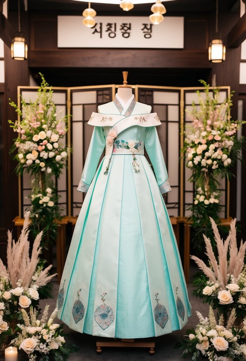 An elegant off-shoulder Hanbok dress displayed on a mannequin, surrounded by traditional Korean wedding decor and floral arrangements