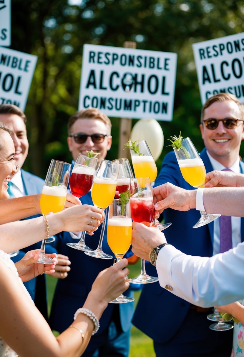 Guests toast with mocktails at a wedding, surrounded by signs promoting responsible alcohol consumption