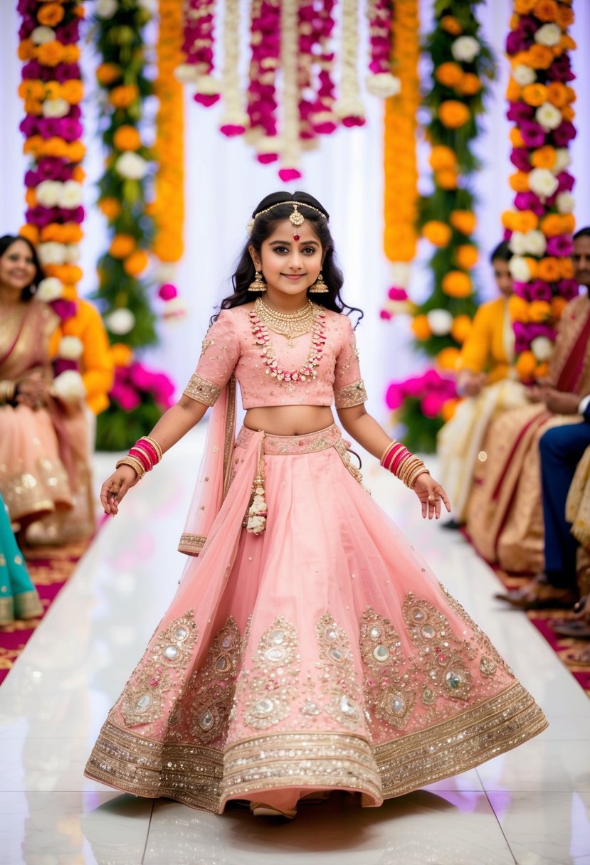 A young girl twirls in a pastel pink lehenga adorned with intricate mirror work, surrounded by vibrant floral decorations at an Indian wedding celebration