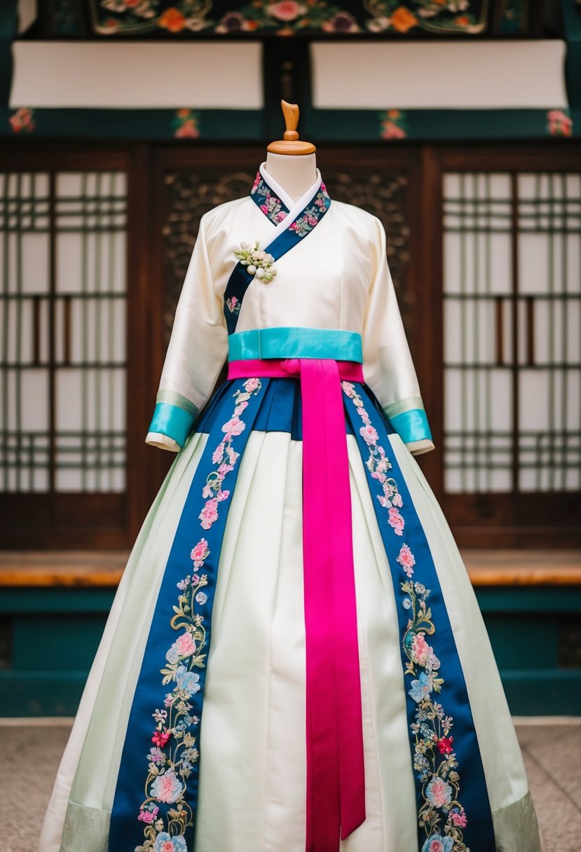 An elegant high-neck Hanbok wedding dress displayed on a mannequin in a traditional Korean setting with intricate embroidery and vibrant colors