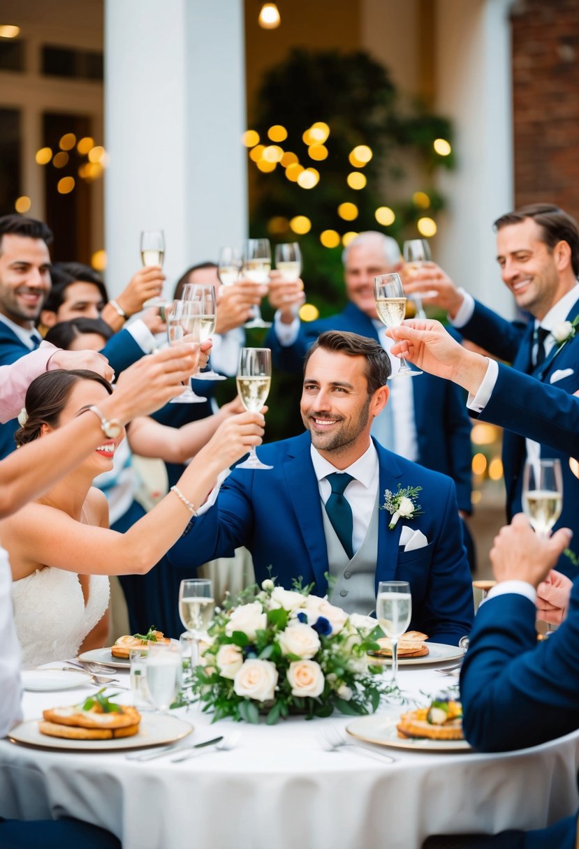 A couple seated at a table, surrounded by guests raising their glasses in a toast