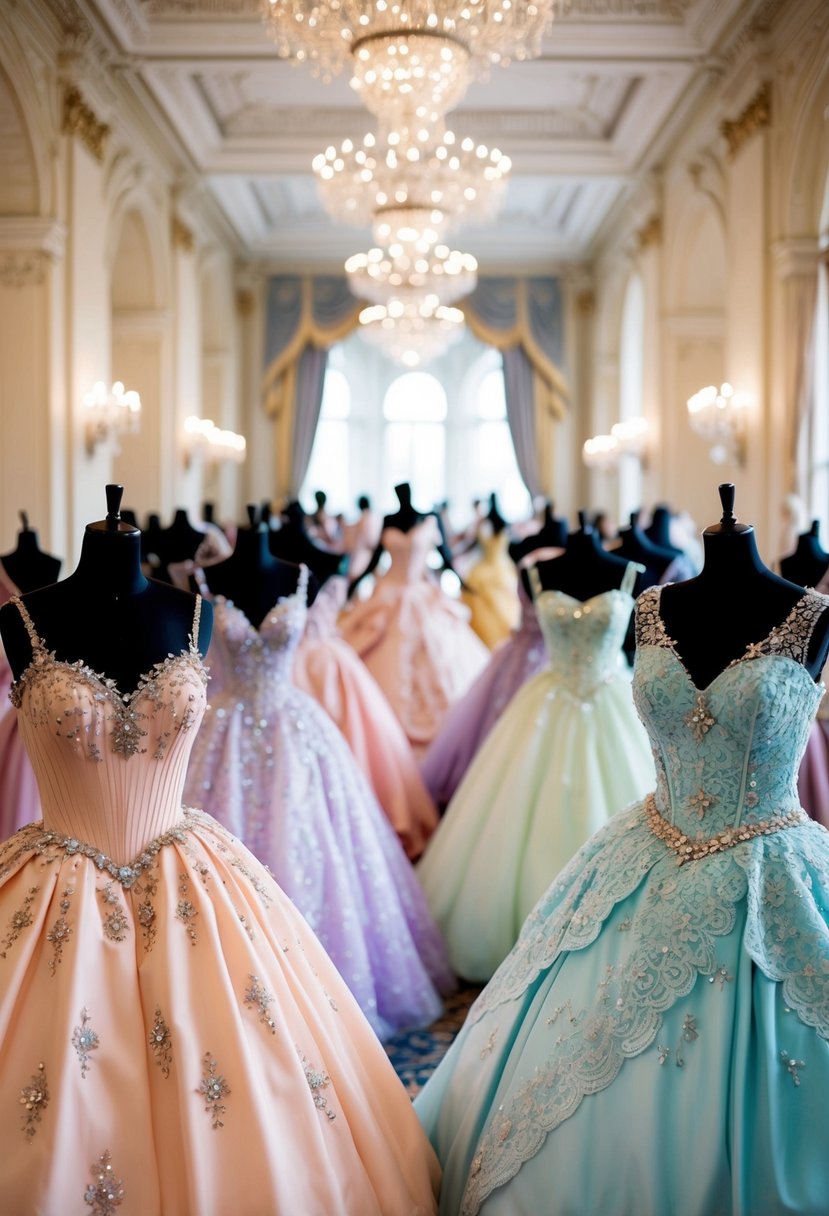 A grand ballroom filled with princess-style embellished dresses in various shades of pastel, adorned with intricate lace and sparkling jewels