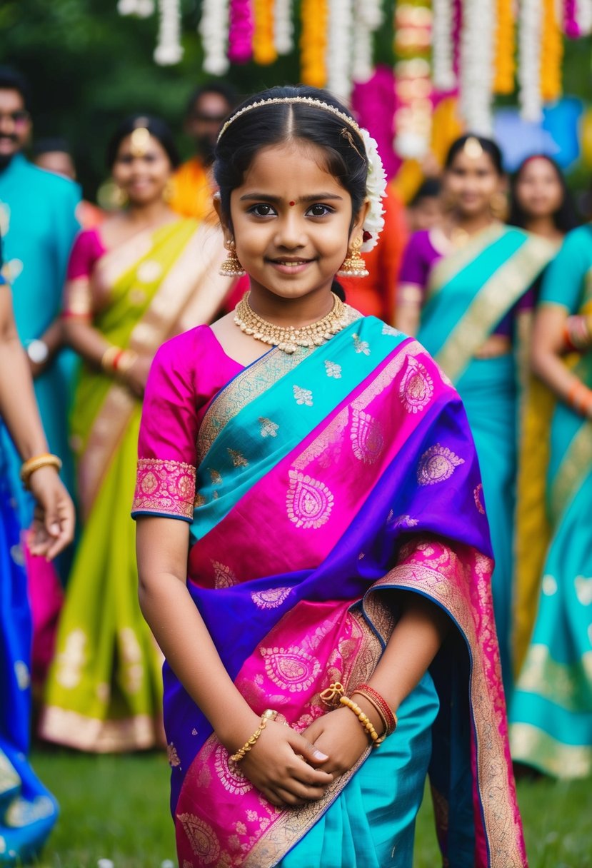 A young girl wearing a vibrant two-tone silk saree, adorned with intricate patterns and delicate embroidery, standing in the midst of a colorful Indian wedding celebration