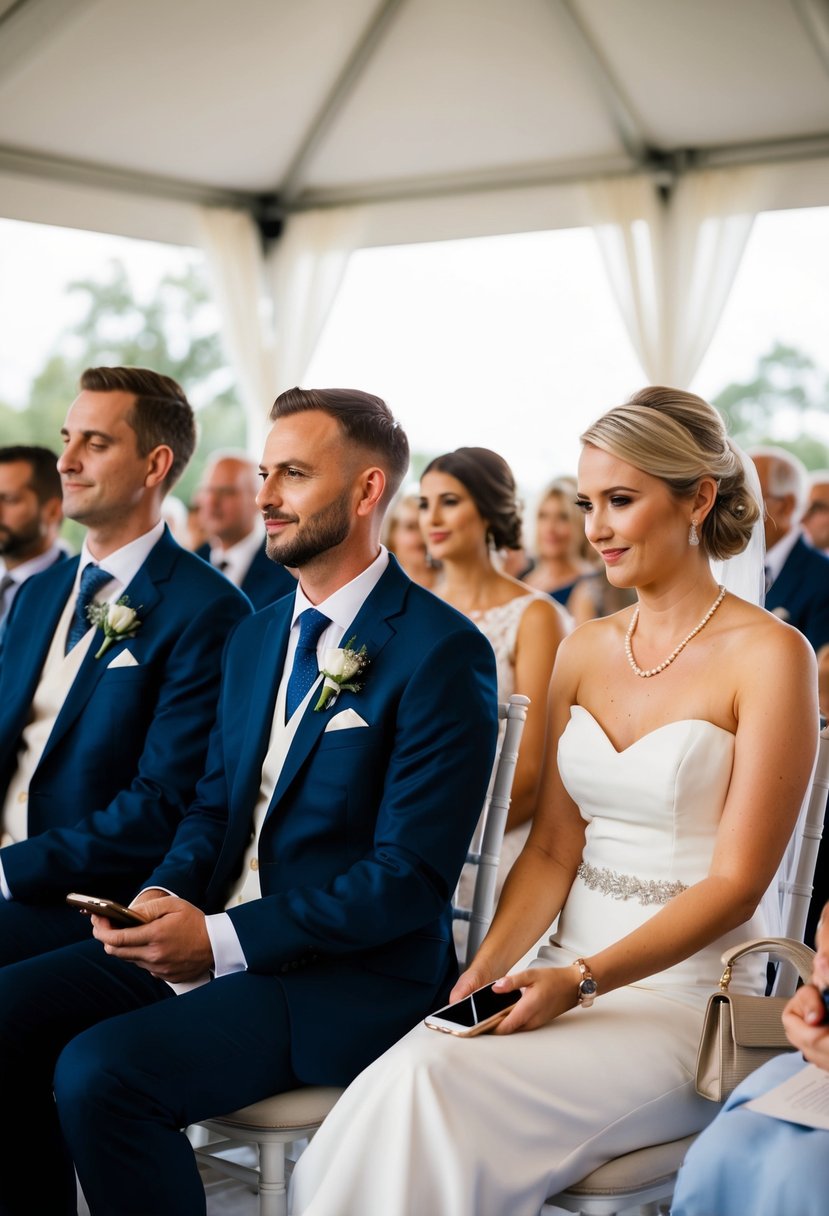 Guests sitting in a wedding ceremony, with a phone on silent mode being turned off and placed on a table or in a purse