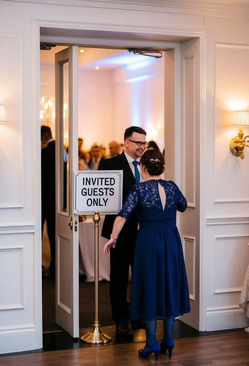 A wedding reception with a sign indicating "Invited Guests Only," while an uninvited guest is turned away at the entrance