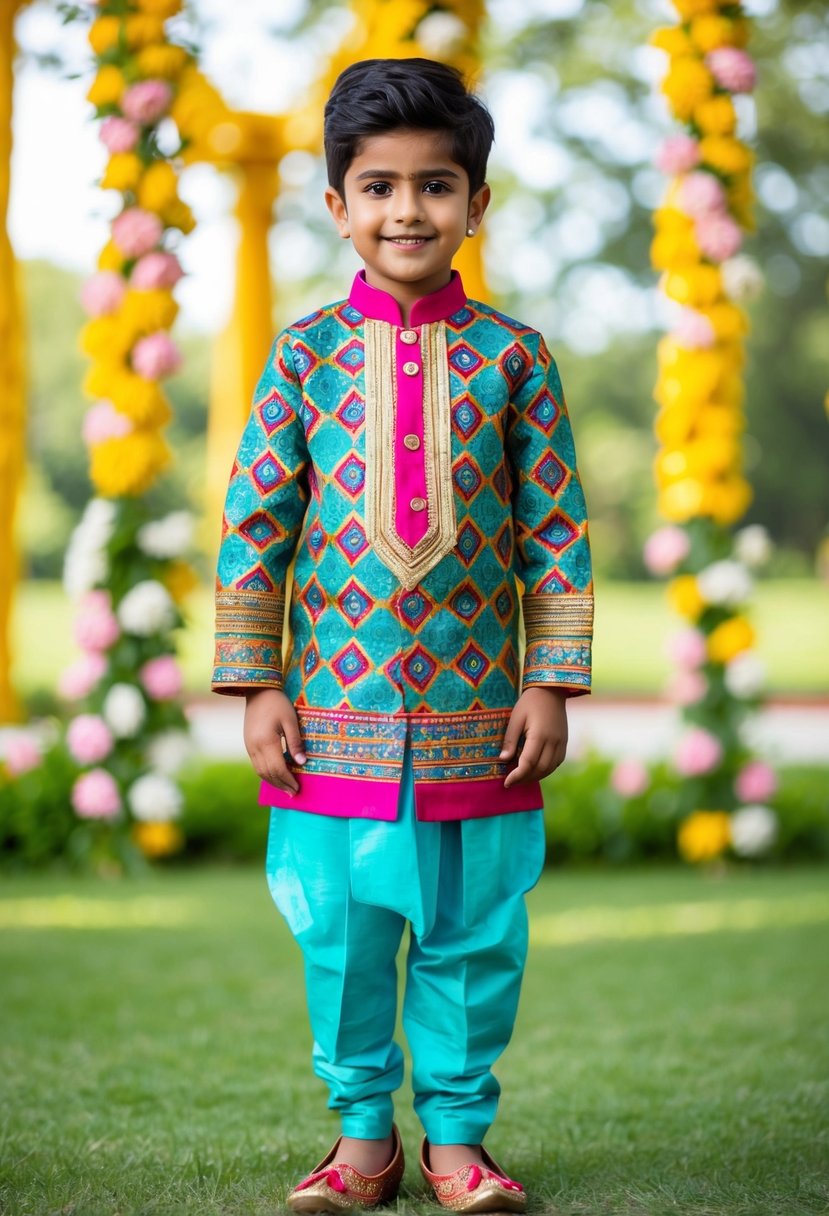 A colorful kurta set with intricate patterns paired with traditional mojari shoes, perfect for a kids' Indian wedding outfit