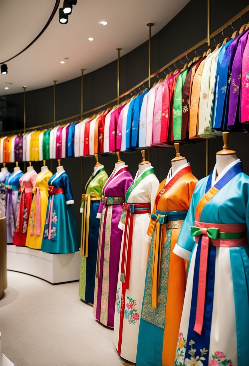 A colorful array of customizable Hanbok designs displayed on mannequins in a modern boutique setting