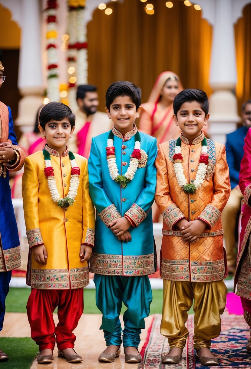 A group of young boys wearing colorful and ornate Jodhpuri suits, standing in a festive Indian wedding setting