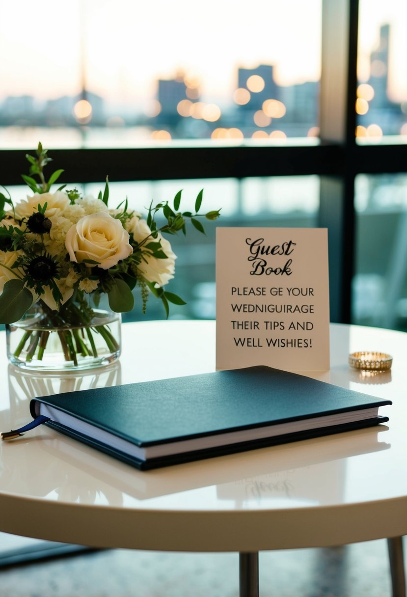 A table with a sleek guest book, a pen, and a small sign encouraging wedding guests to leave their tips and well wishes