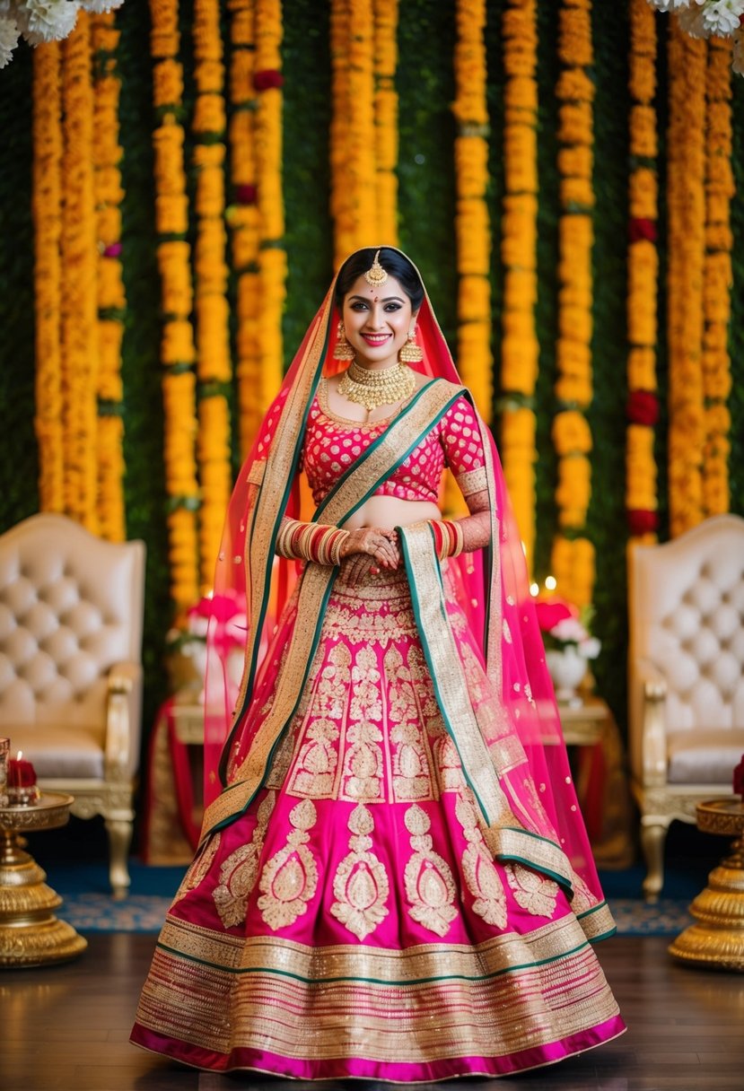 A vibrant lehenga adorned with gold leaf details, set against a backdrop of traditional Indian wedding elements