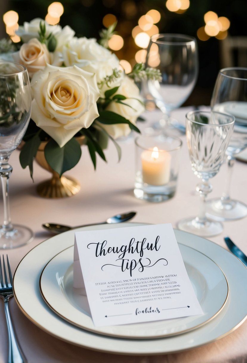 A table set with elegant wedding favors and a card with thoughtful tips for guests