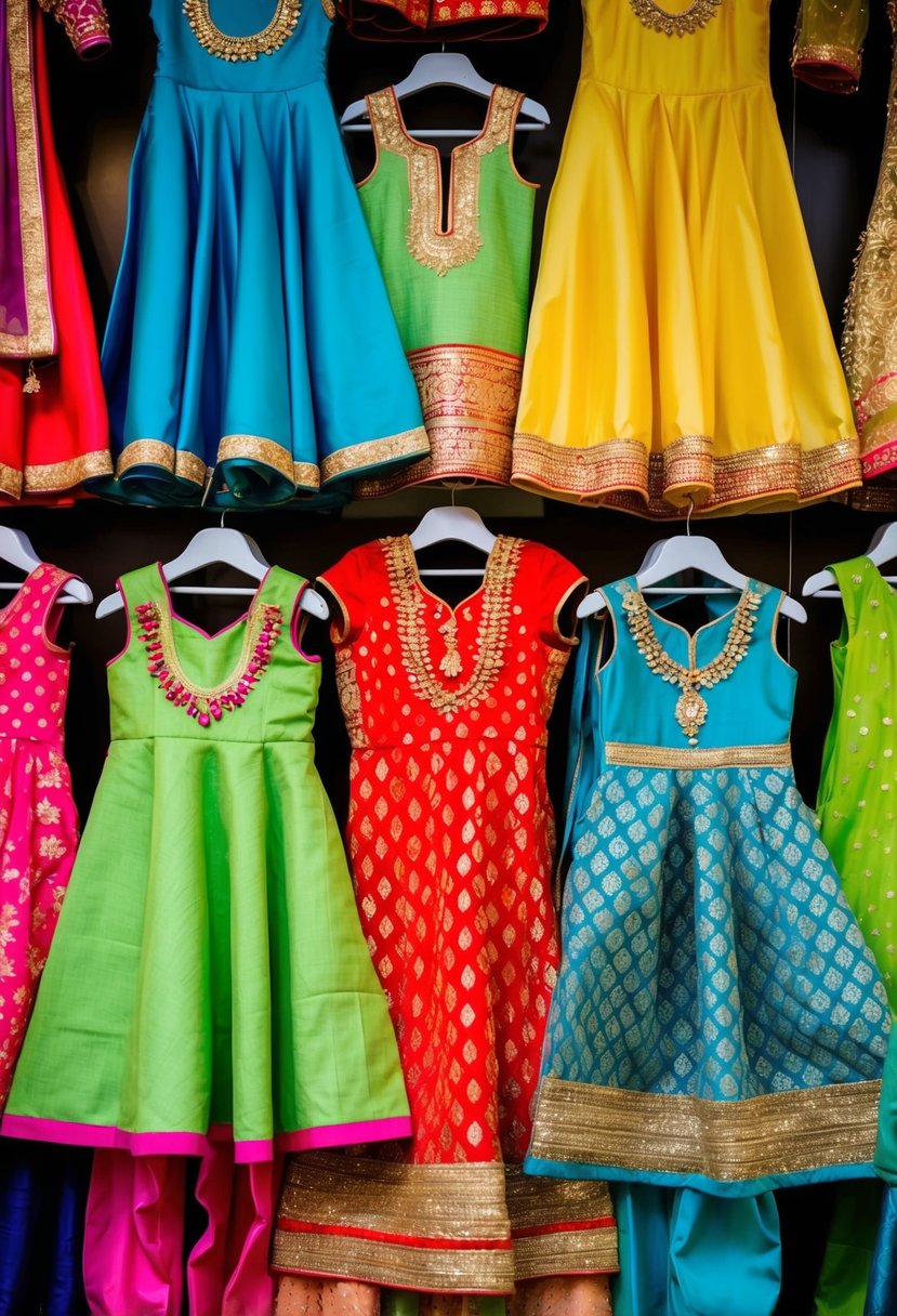 A group of brightly colored salwar kameez with gold threading arranged on display for kids' Indian wedding dress ideas