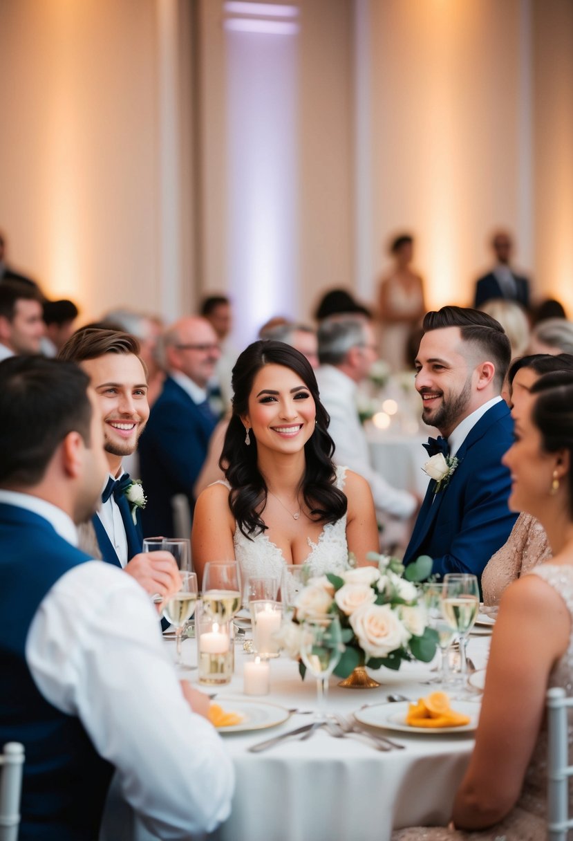 Guests mingling peacefully at a wedding reception, smiling and chatting while adhering to the etiquette guidelines