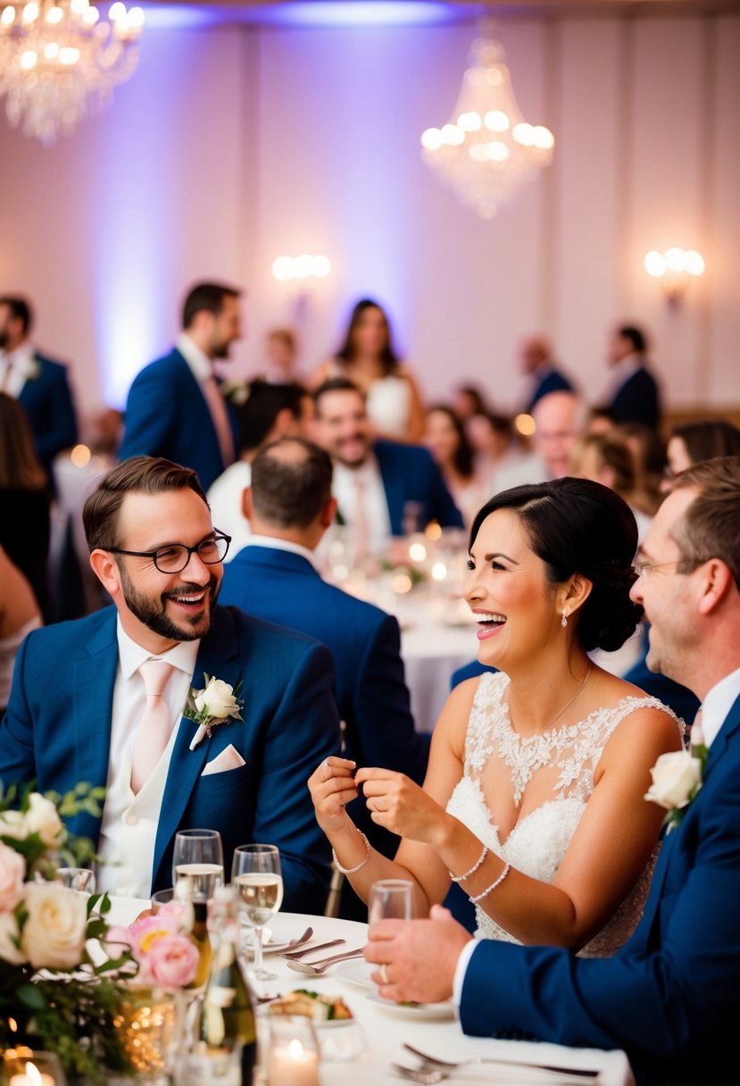 Guests chatting and laughing at a wedding reception, exchanging tips and advice