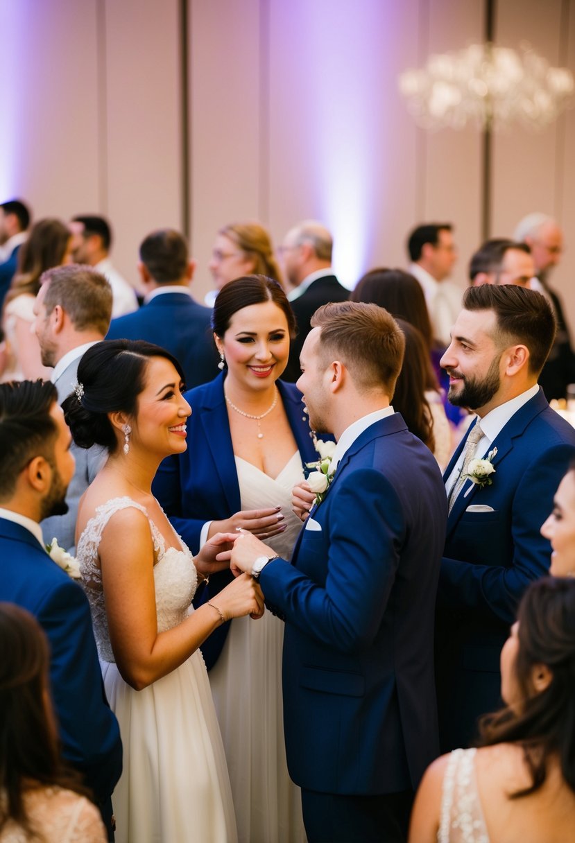 A group of guests chatting and mingling at a wedding reception, some offering tips and advice to others