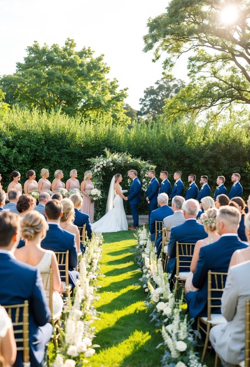 A serene outdoor wedding ceremony with guests seated in rows, surrounded by lush greenery and blooming flowers. The sun is shining, casting a warm glow over the scene