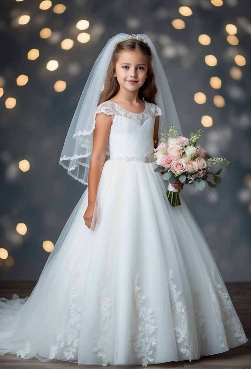 A young girl in a full, flowing white dress with delicate lace and floral details, paired with a matching veil and a bouquet of flowers