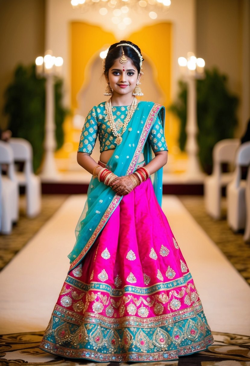 A young girl wearing a vibrant silk lehenga, adorned with intricate embroidery and traditional motifs, standing in a grand and opulent wedding setting