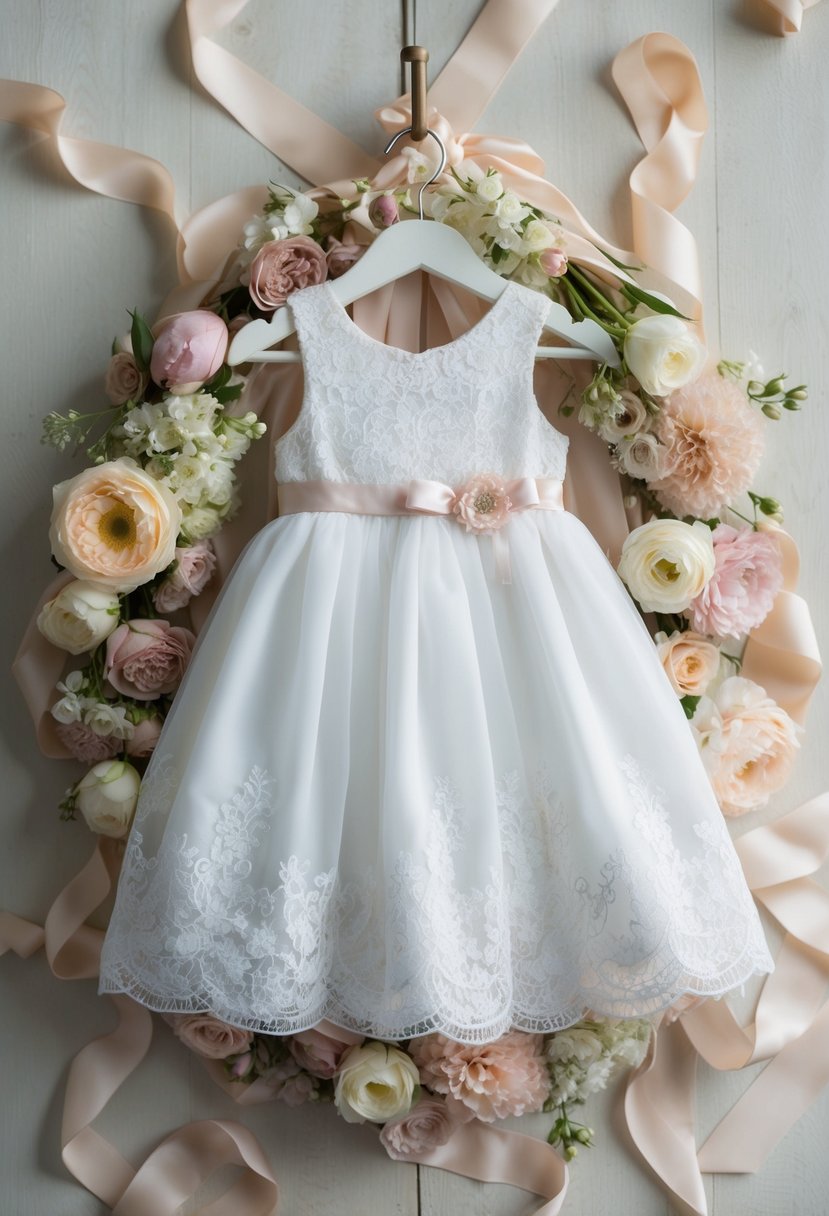 A delicate white lace flower girl dress hangs on a vintage coat hanger, surrounded by soft, pastel-colored flowers and ribbons