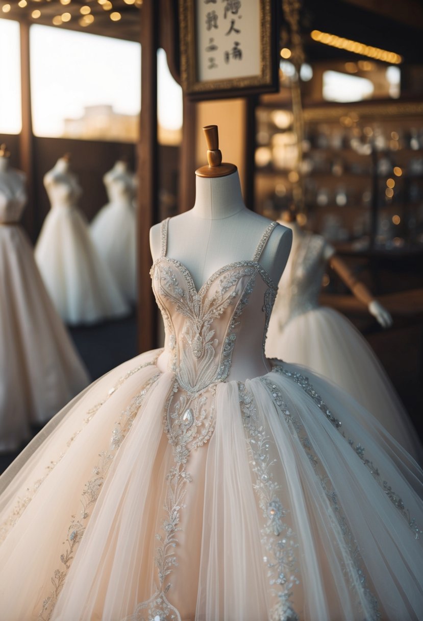 A delicate, handmade tutu wedding dress, adorned with intricate embroidery and traditional details, displayed on a mannequin