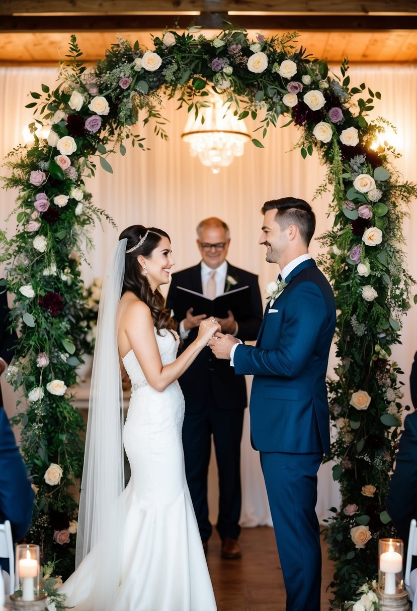 A bride and groom exchanging vows under a floral arch, with handmade decorations and personalized details throughout the venue