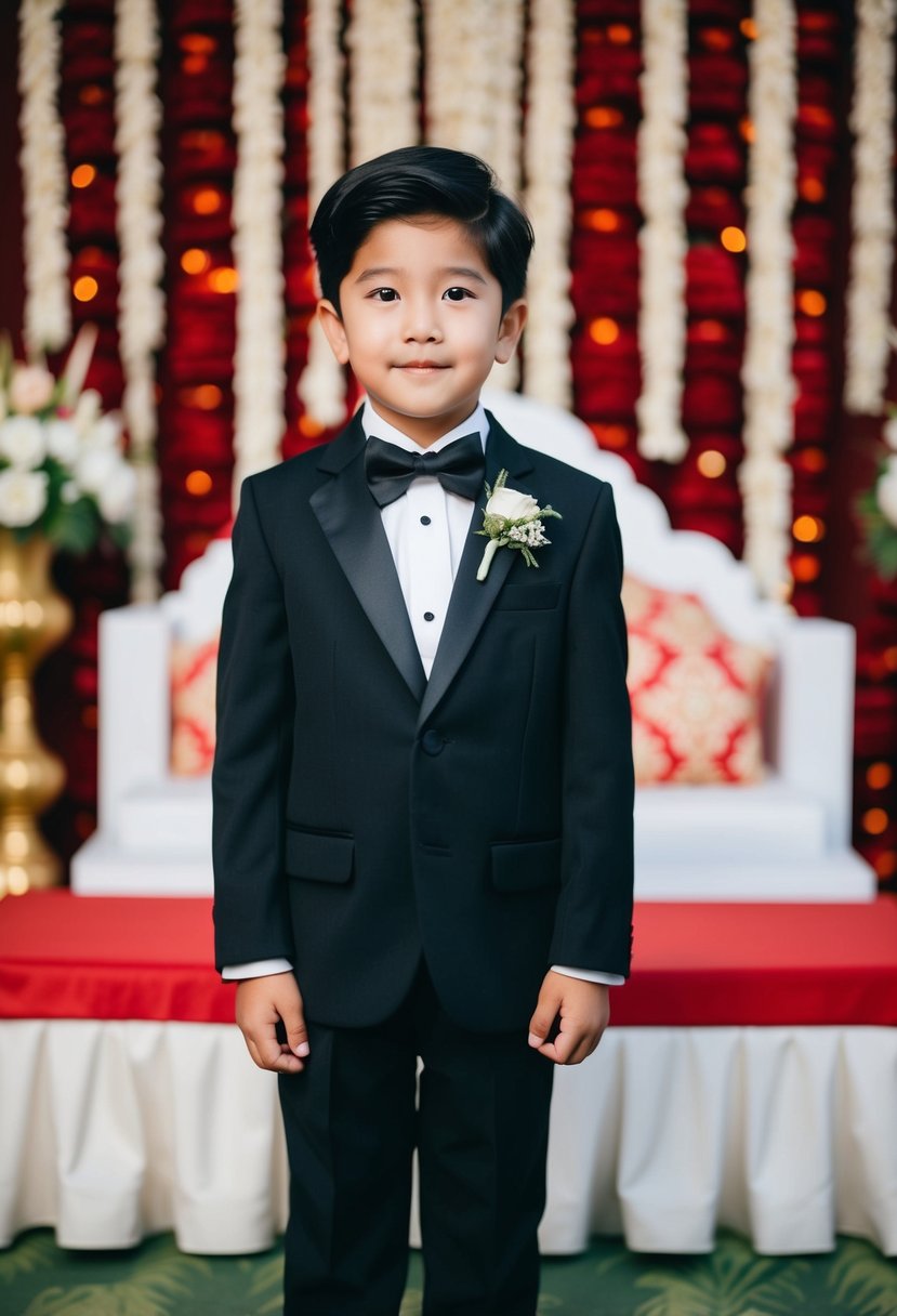 A young boy in a black suit with a bow tie stands in front of a decorative backdrop, ready for a traditional wedding