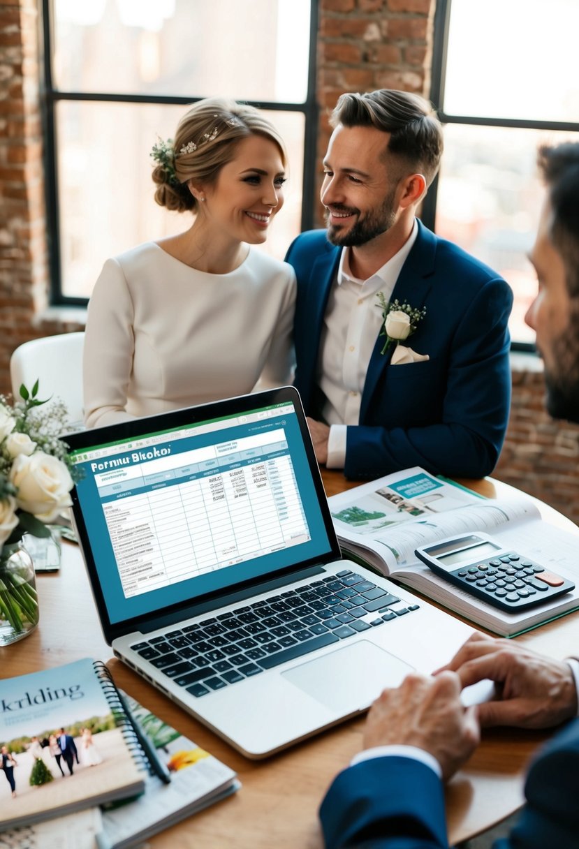 A couple sitting at a table with a notebook and calculator, surrounded by wedding magazines and a laptop. A budget spreadsheet is open on the screen