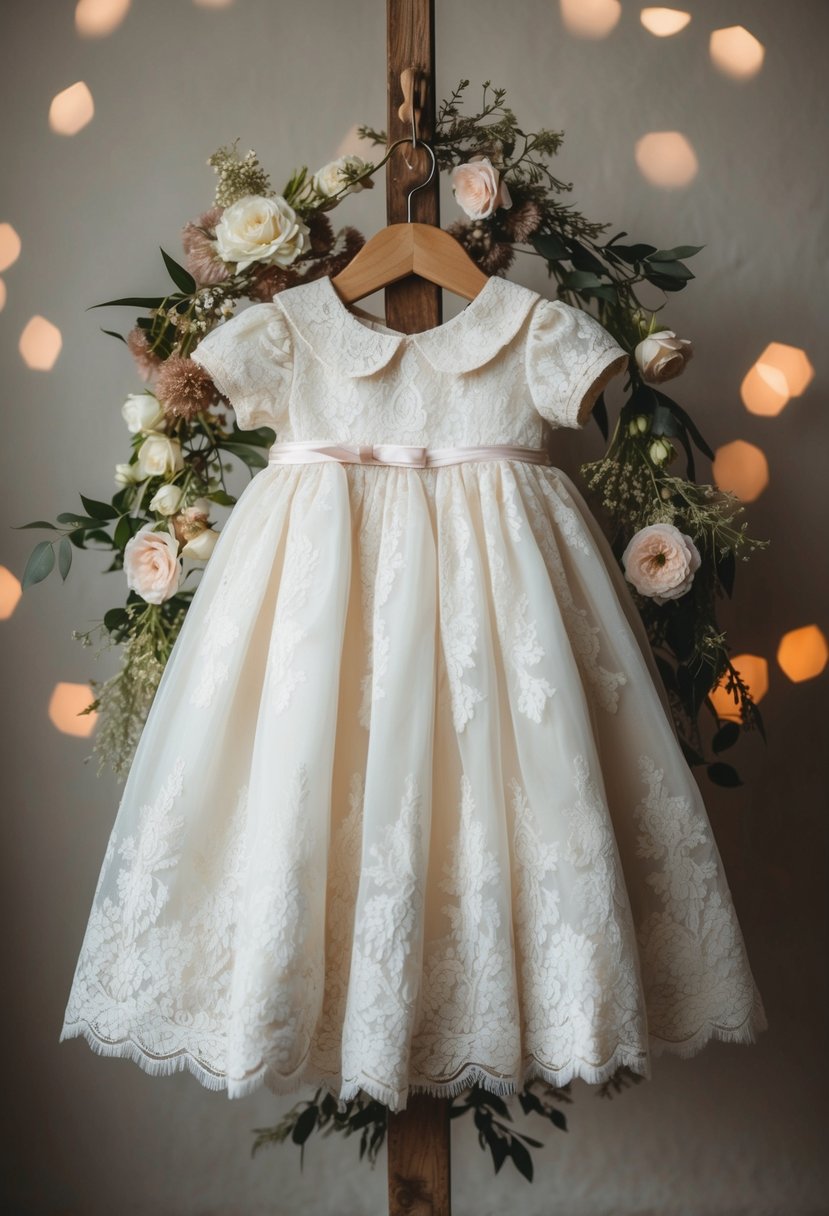 A vintage lace baby gown displayed on a rustic wooden hanger, surrounded by delicate floral accents and soft lighting