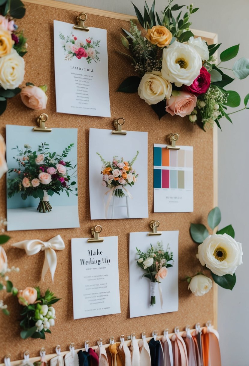 A mood board with wedding decor ideas, floral arrangements, color palettes, and DIY tips displayed on a cork board with fabric swatches and ribbon samples