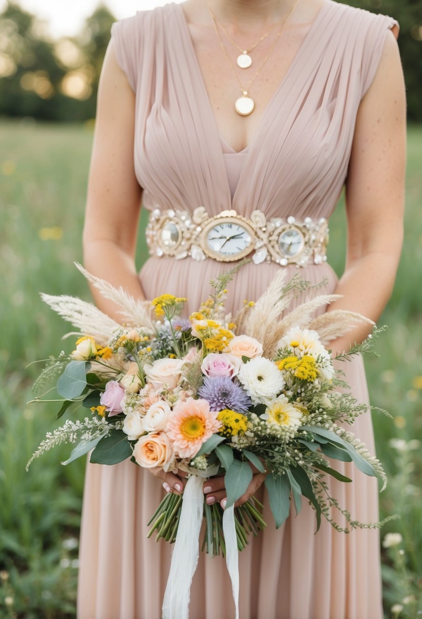 A rustic outdoor wedding with a DIY color palette of soft pastels, featuring handmade decor and wildflower bouquets