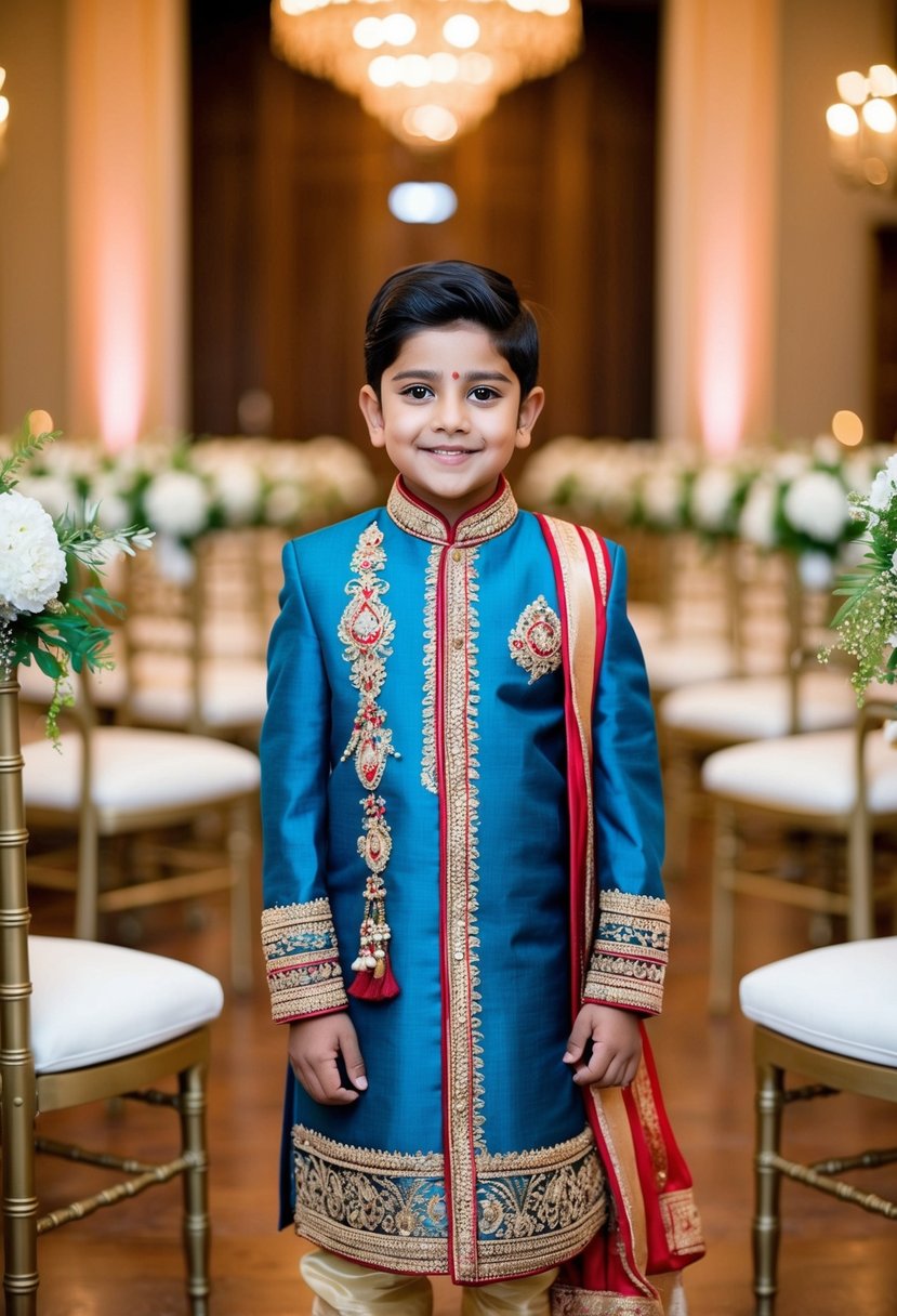 A young boy wearing a traditional Indian Sherwani with intricate embroidery and rich colors, standing in a grand wedding setting