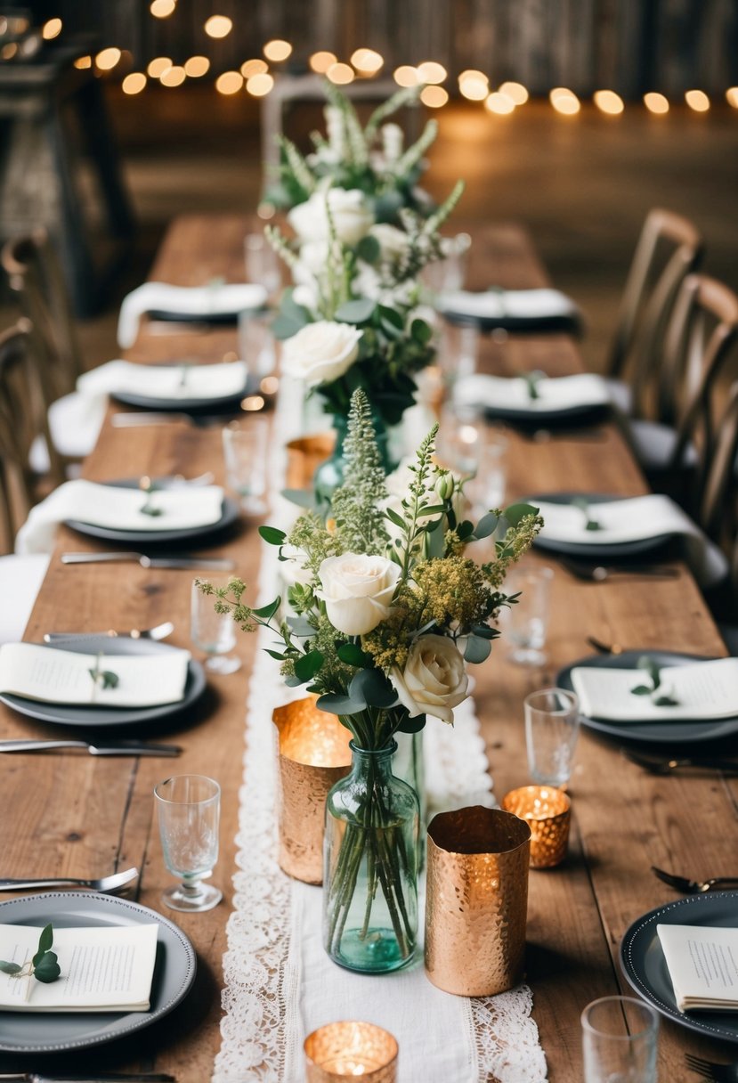 A rustic wedding table adorned with thrifted decor pieces and handmade DIY centerpieces