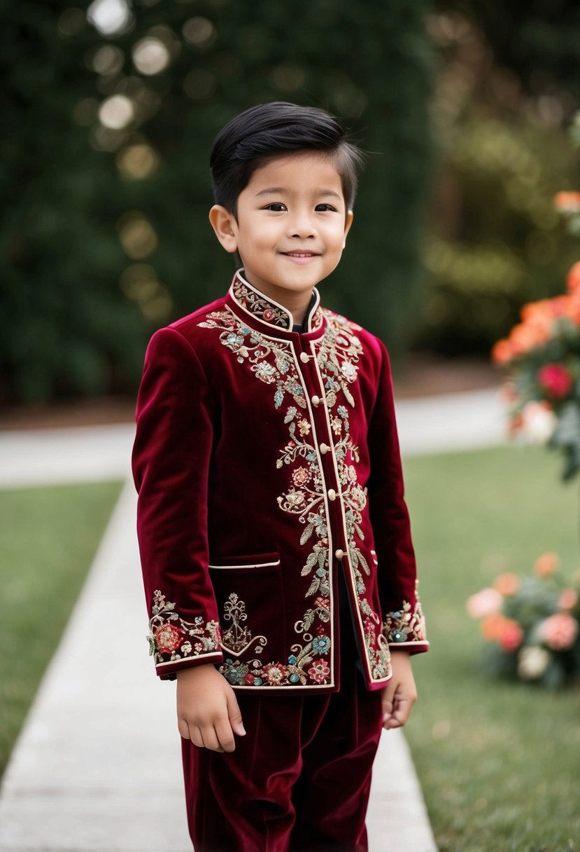 A young boy in a velvet jacket and pants, adorned with traditional wedding embroidery