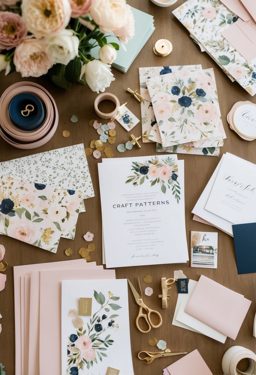 A table scattered with craft supplies, floral patterns, and elegant paper, ready for creating DIY wedding invitations