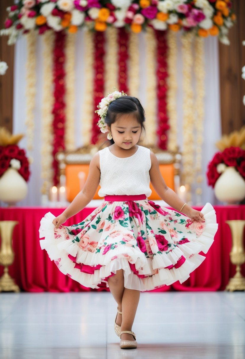 A young girl twirls in a ruffled skirt with a floral print, surrounded by traditional wedding decor