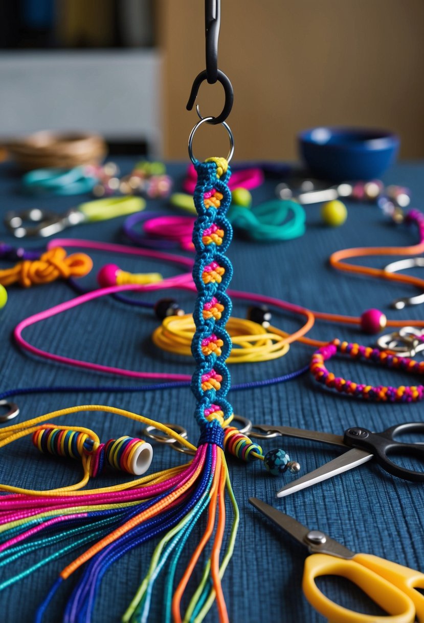 A table covered in colorful cords and beads, with scissors and key rings scattered around. A finished macrame key chain hangs from a hook