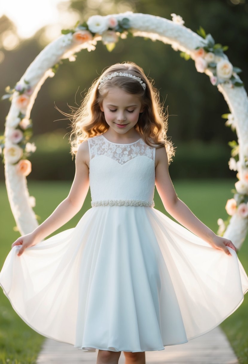 A young girl twirls in a white A-line dress, surrounded by delicate lace and floral details